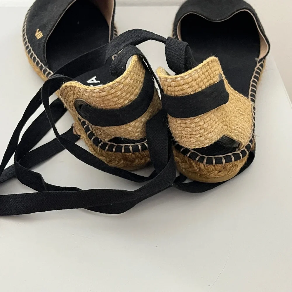 Viscata Espadrilles Women 38 Black Lace Up Ankle Tie Canvas Flats Handcrafted